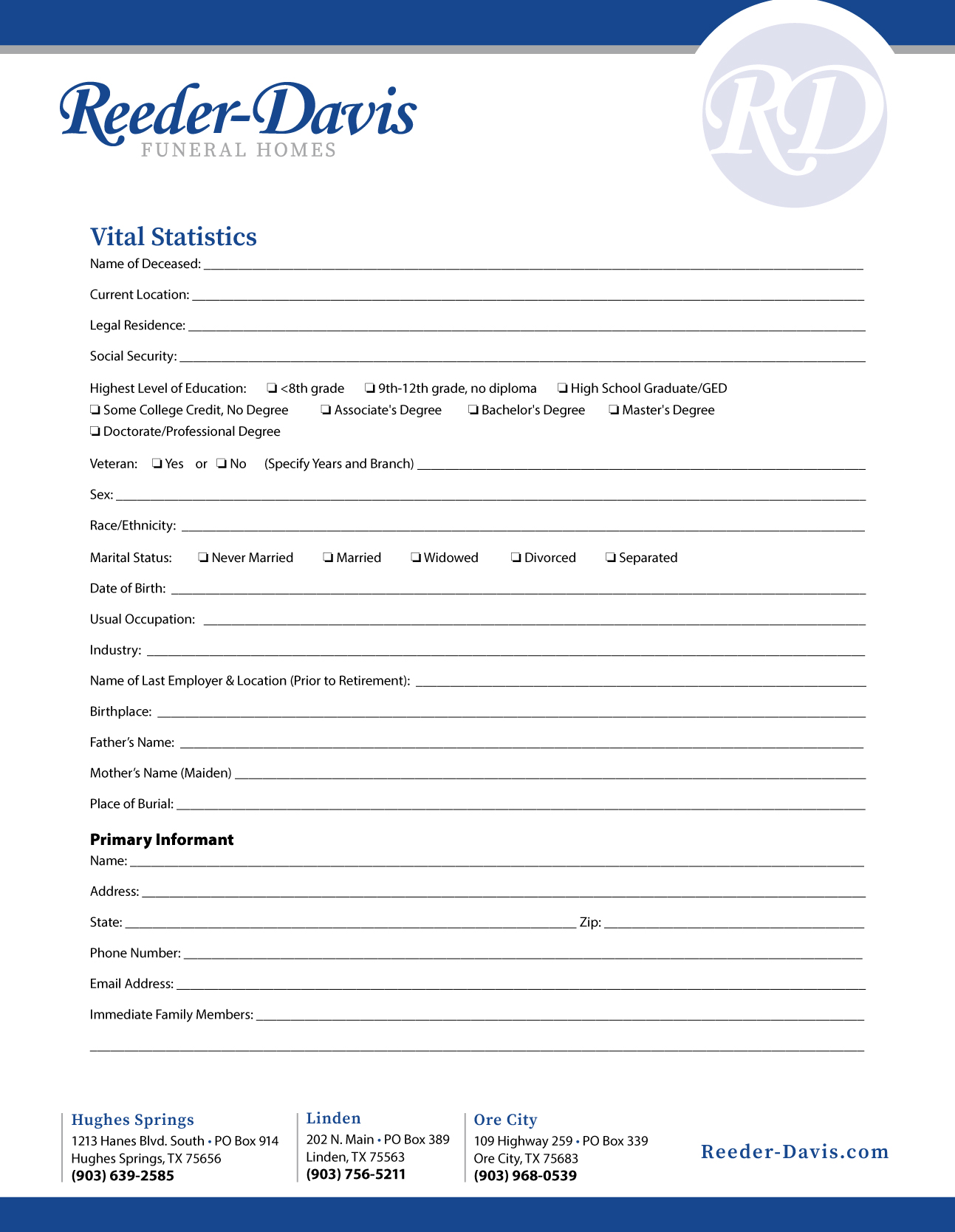 Vital Statistics Form